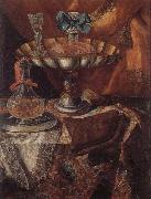 unknow artist Still life of a wine glass and bottle in a parcel gilt tazza together with a glass decanter on a pewter dish upon a draped tabletop Sweden oil painting artist
